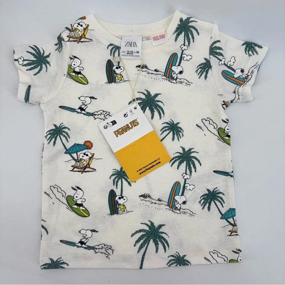 Zara Kids Peanuts Snoopy Surf Short Sleeve Tee New!